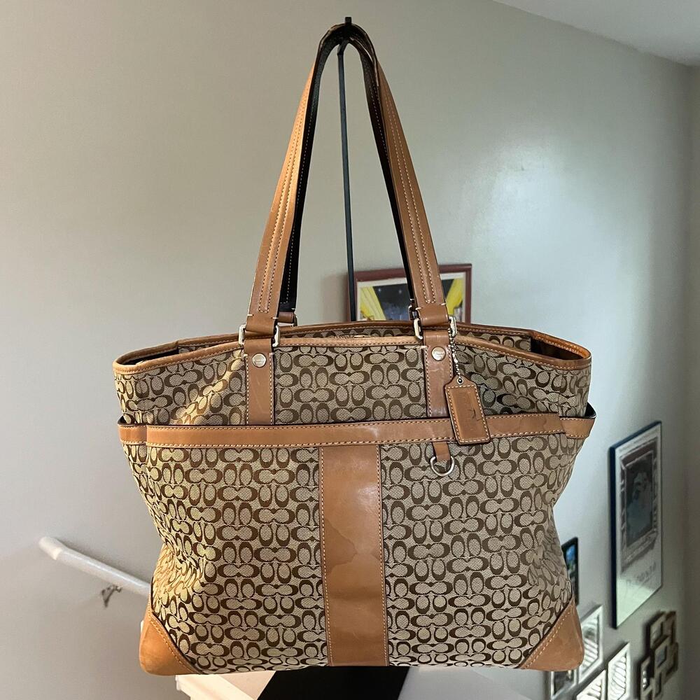 Coach Tote Bag Canvas Signature Jacquard Leather Purse Shoulder y2k Diaper 77156